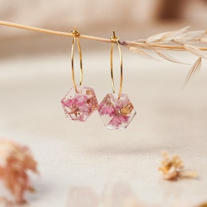 24k Gold Plated Sterling Silver Hoop Earrings, Real Flower Jewellery, Pink Floral Earrings, Hygge Hoop Earrings