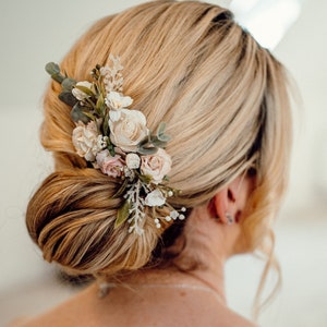 Peigne à cheveux à fleurs, blush, peigne à cheveux floral rose et blanc, morceau de cheveux de mariée