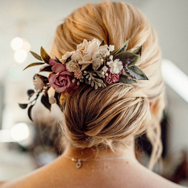 Dusty Pink and White Hair Comb, Bridal Hair Comb, Flower Hair Comb