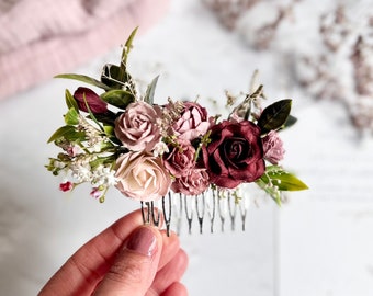 Pink and Burgundy Floral Hair Comb, Bridal Hair Comb, Flower Hair Comb