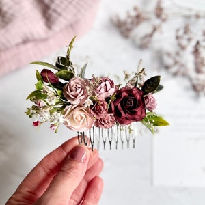 Pink and Burgundy Floral Hair Comb, Bridal Hair Comb, Flower Hair Comb