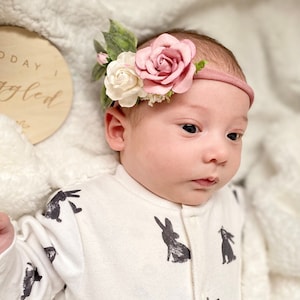 Dusty Pink Floral Baby Headband, Newborn Photoshoot Headband, Pink Children&#39;s Flower Crown, Paper Flower Baby Photoshoot Prop