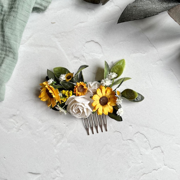 Sunflower and White Rose Floral Hair Comb, Paper Hair Piece, Bridal Hair Comb