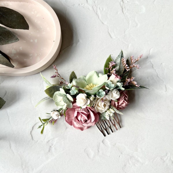 Dusty Pink and Sage Green Hair Comb, Bridal Hair Comb, Flower Hair Comb