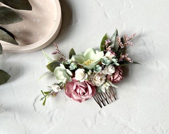 Dusty Pink and Sage Green Hair Comb, Bridal Hair Comb, Flower Hair Comb