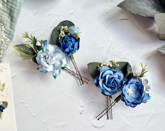 Royal Blue and Dusty Blue Flower Hair Pins, Paper Flower Hair Pins, Bridal Hair Accessories