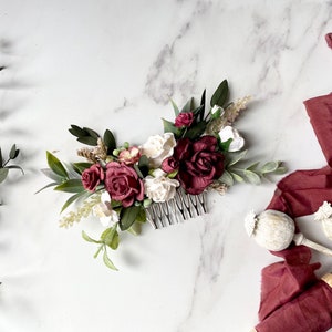 Flower Hair Comb, Burgundy and White Floral Hair Comb, Bridal Hair Piece