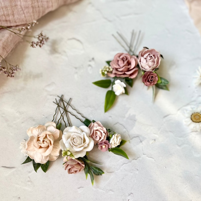 Flower Hair Pins, Blush, Dusty Rose and White Floral Hair Pins, Bridal Hair Accessories image 6