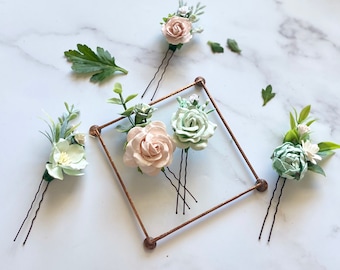 Sage Green and Blush Flower Hair Pins, Set of 5 Bridal Hair Pins, Paper Floral Hair Pins, Wedding Hair Accessories