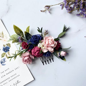 Burgundy, Pink and Navy Hair Comb, Bridal Hair Comb, Flower Hair Comb