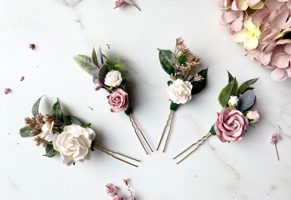 Forcine per capelli con fiori bianchi e rosa, forcine per capelli da sposa,  forcine per capelli con fiori, forcine per capelli rosa polveroso, regalo  per damigelle d'onore -  Italia