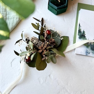 Woodland Wedding Wrist Corsage, Preserved Eucalyptus and Pine Cone Flower Bracelet, Rustic Corsage