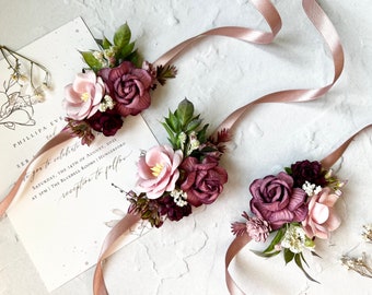 Flower Corsage, Bridesmaid Corsage, Wrist Corsage, Bridal Bracelet, Wedding Corsage, Prom Corsage, Mauve and Pink Corsage