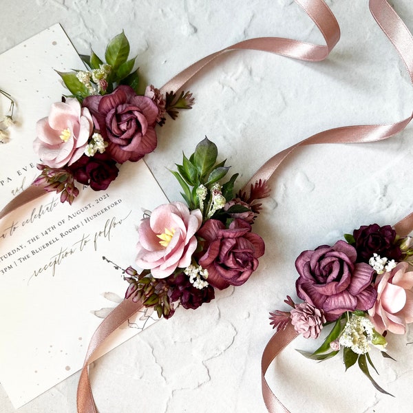 Flower Corsage, Bridesmaid Corsage, Wrist Corsage, Bridal Bracelet, Wedding Corsage, Prom Corsage, Mauve and Pink Corsage