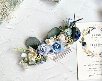 Peigne à fleurs bleu et blanc poussiéreux, morceau de cheveux fleur en papier, accessoires de cheveux de mariée