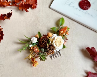 Burnt Orange Floral Hair Comb, Bridal Hair Accessories, Autumnal Wedding Hair Accessories