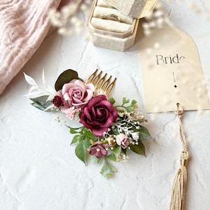 Dusty Pink and Burgundy Floral Hair Comb, Floral Bridal Hair Comb, Floral Hair Piece, Decorative Comb