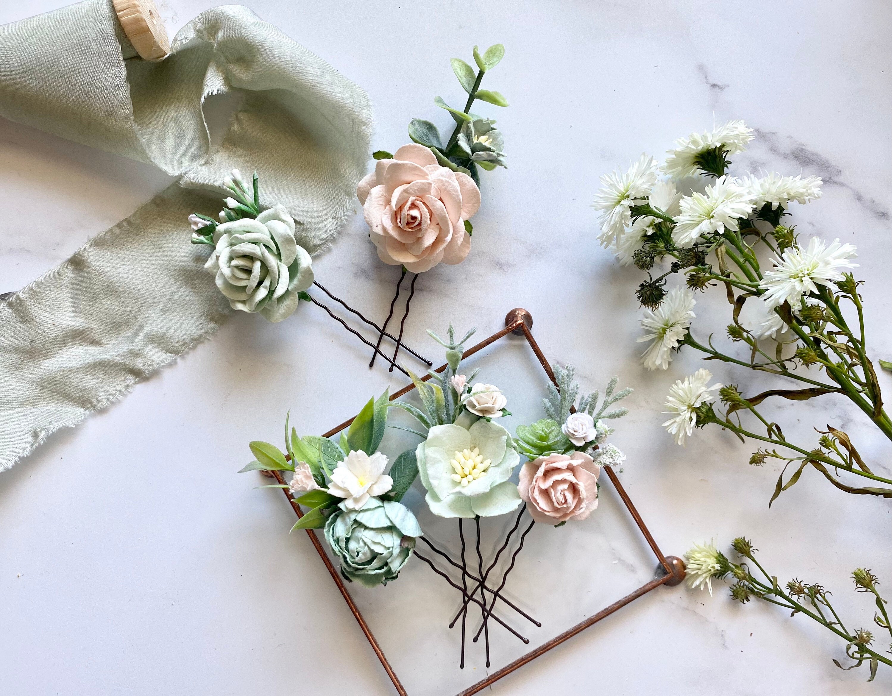 Sage Green and Blush Flower Hair Pins Set of 5 Bridal Hair Etsy