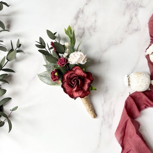 Burgundy Flower Boutonnière, Grooms Boutonnière, Preserved Eucalyptus Flower Wedding Button Hole