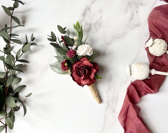 Burgundy Flower Boutonnière, Grooms Boutonnière, Preserved Eucalyptus Flower Wedding Button Hole