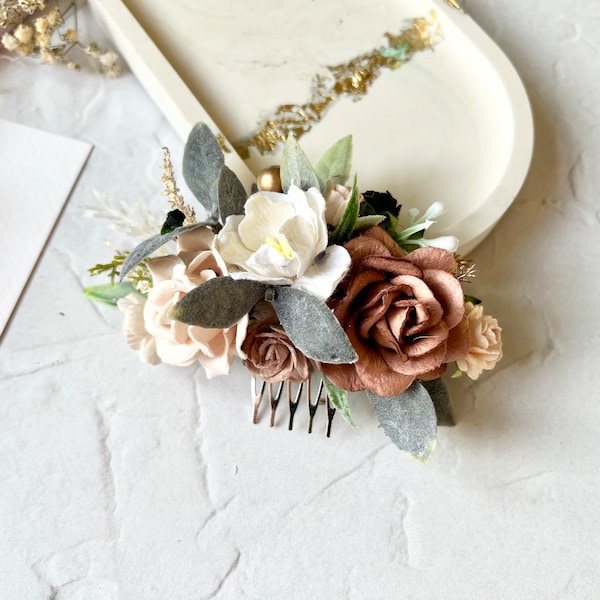 Taupe, Champagne and Blush Flower Hair Comb, Bridal Hair Accessory, Flower Hair Comb