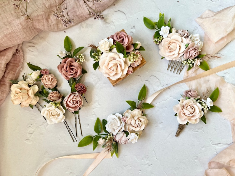 Flower Hair Pins, Blush, Dusty Rose and White Floral Hair Pins, Bridal Hair Accessories image 7