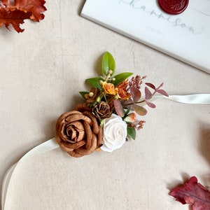 Burnt Orange Floral Corsage, Flower Wrist Bracelet, Autumnal Bridesmaid Wedding Corsage