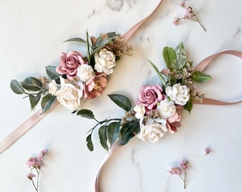 Flower Corsage, Bridesmaid Corsage, Wrist Corsage, Bridal Bracelet, Wedding Corsage, Prom Corsage, Dusty Pink Corsage