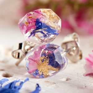 Preserved Limonium and Cornflower Petal Crystal Stud Earrings, Flower Earrings, Petal Jewellery, Pink and Blue Flower Resin Jewellery