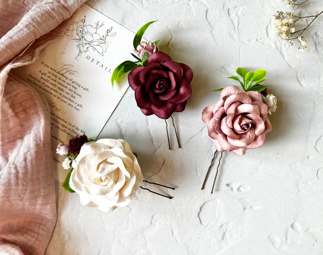 White, Pink and Burgundy Flower Hair Pins, Bridal Hair Pins, Flower ...