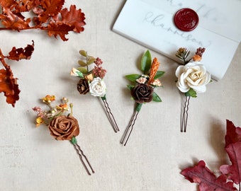 Burnt Orange Floral Hair Pins, Bridal Hair Pins, Autumnal Wedding Hair Accessories