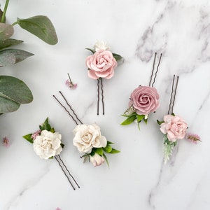 Set of 5 White and Pink Flower Hair Pins, Bridal Hair Bobby Pins