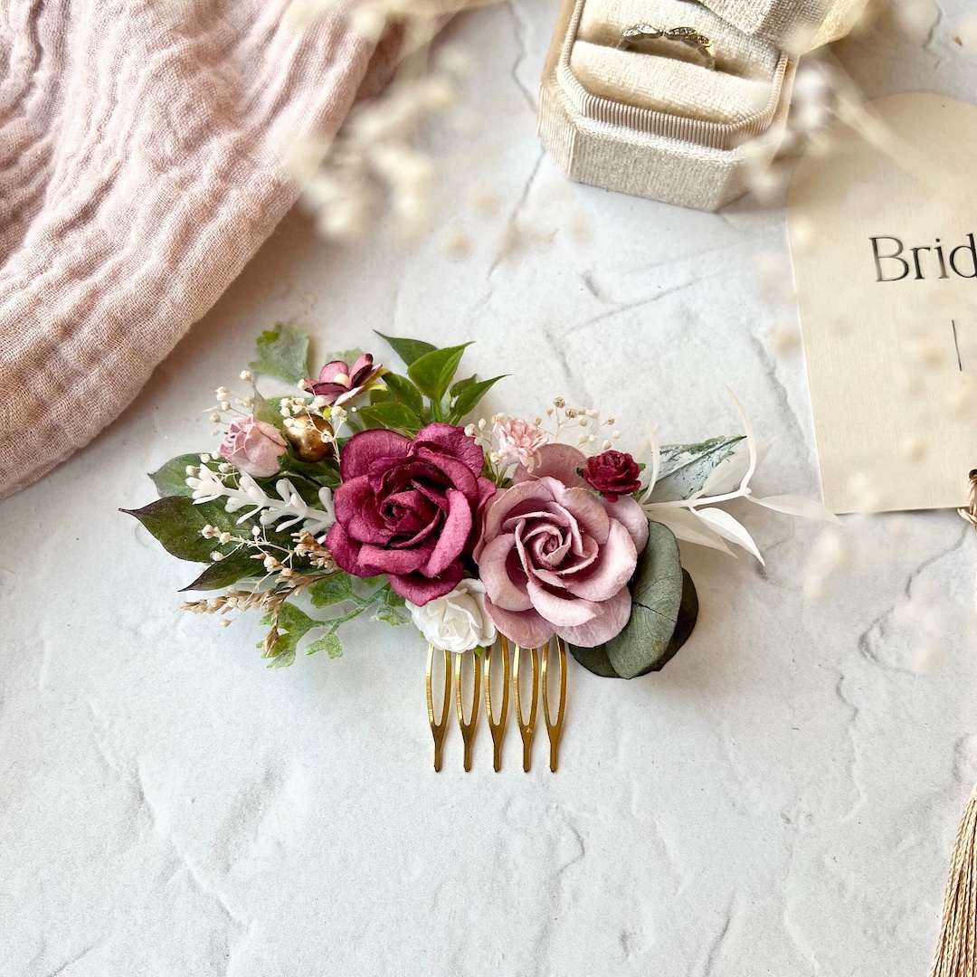 Dusty Pink and Burgundy Floral Hair Comb, Floral Bridal Hair Comb ...