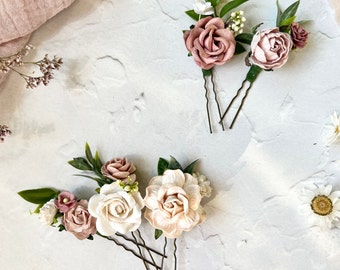 Flower Hair Pins, Blush, Dusty Rose and White Floral Hair Pins, Bridal Hair Accessories