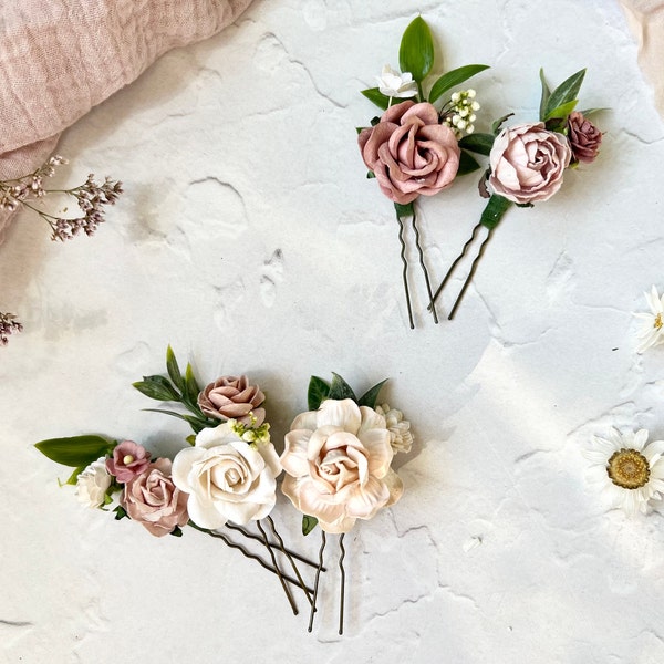 Blumen-Haarnadeln, Blush, Dusty Rose und weiße Blumen-Haarnadeln, Braut-Haar-Accessoires