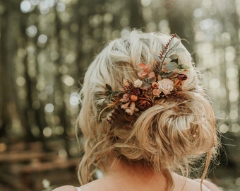 Burnt Orange Floral Hair Comb, Boho Bridal Hair Accessories, Autumnal Flower Wedding Hair Piece