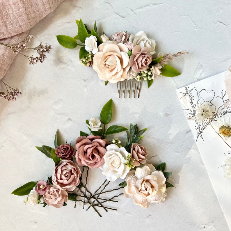 Flower Hair Pins, Blush, Dusty Rose and White Floral Hair Pins, Bridal Hair Accessories image 4