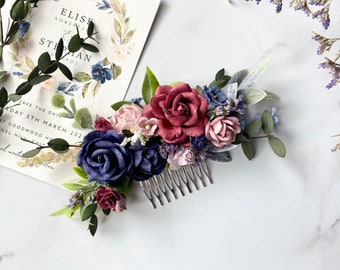 Burgundy, Pink and Navy Hair Comb, Bridal Hair Comb, Flower Hair Comb