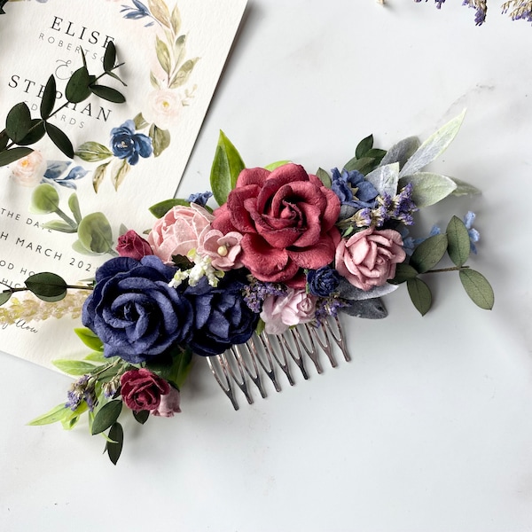 Burgundy, Pink and Navy Hair Comb, Bridal Hair Comb, Flower Hair Comb