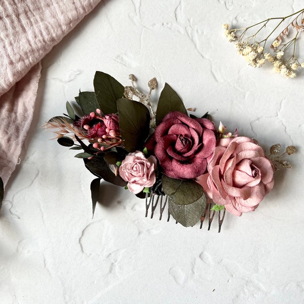 Dusty Pink and Burgundy Hair Comb, Bridal Hair Comb, Flower Hair Comb, Statement Hair Comb