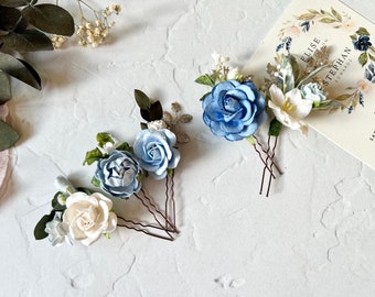 Blue and white flower hair pins, bridal hair pins, flower hair pins, light blue hair pins, Bridesmaids gift