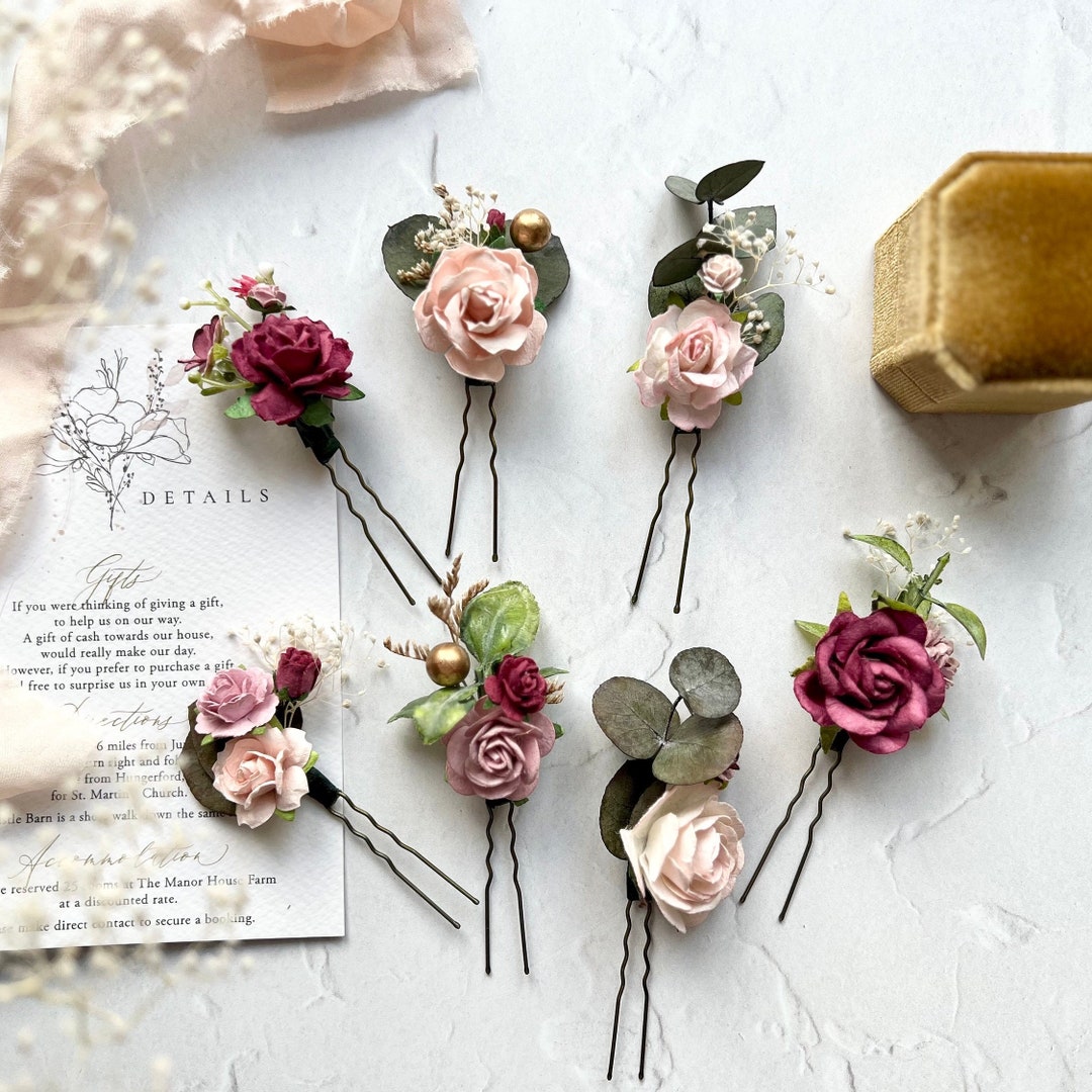 Flower Hair Pins, Blush, Dusty Rose and Burgundy Floral Hair Pins, Bridal Hair Piece, Wedding Hair Accessories, Floral Hair Pins... 
