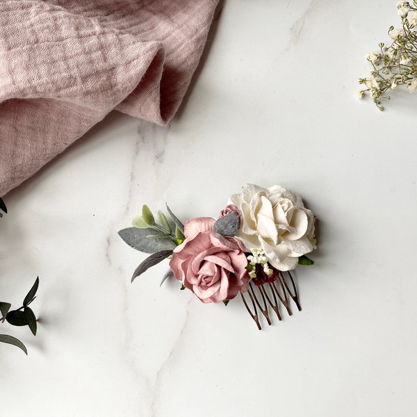 Flower Hair Comb, Dusty Pink and White Floral Hair Comb, Bridal Hair Piece