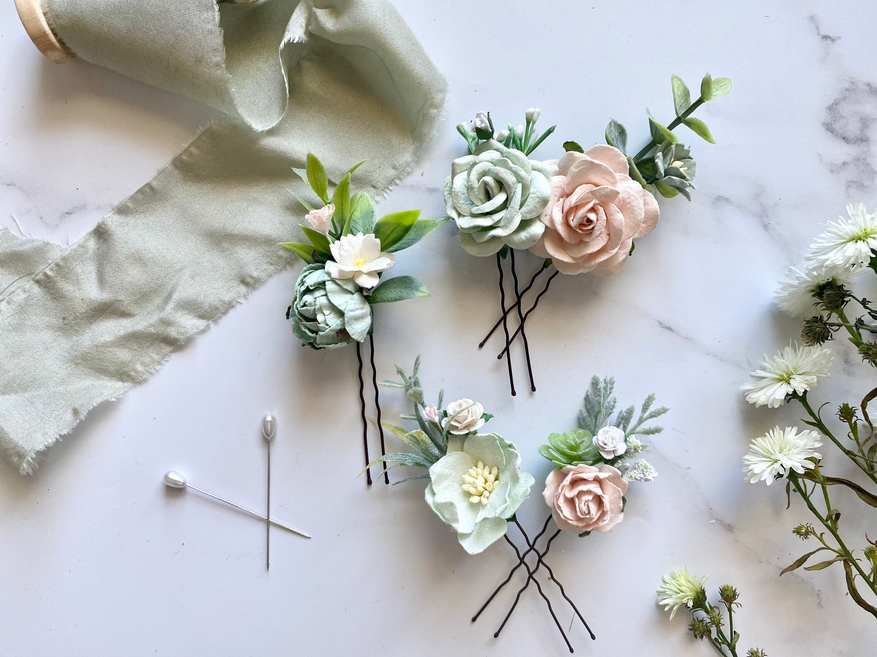 Sage Green and Blush Flower Hair Pins Set of 5 Bridal Hair Etsy