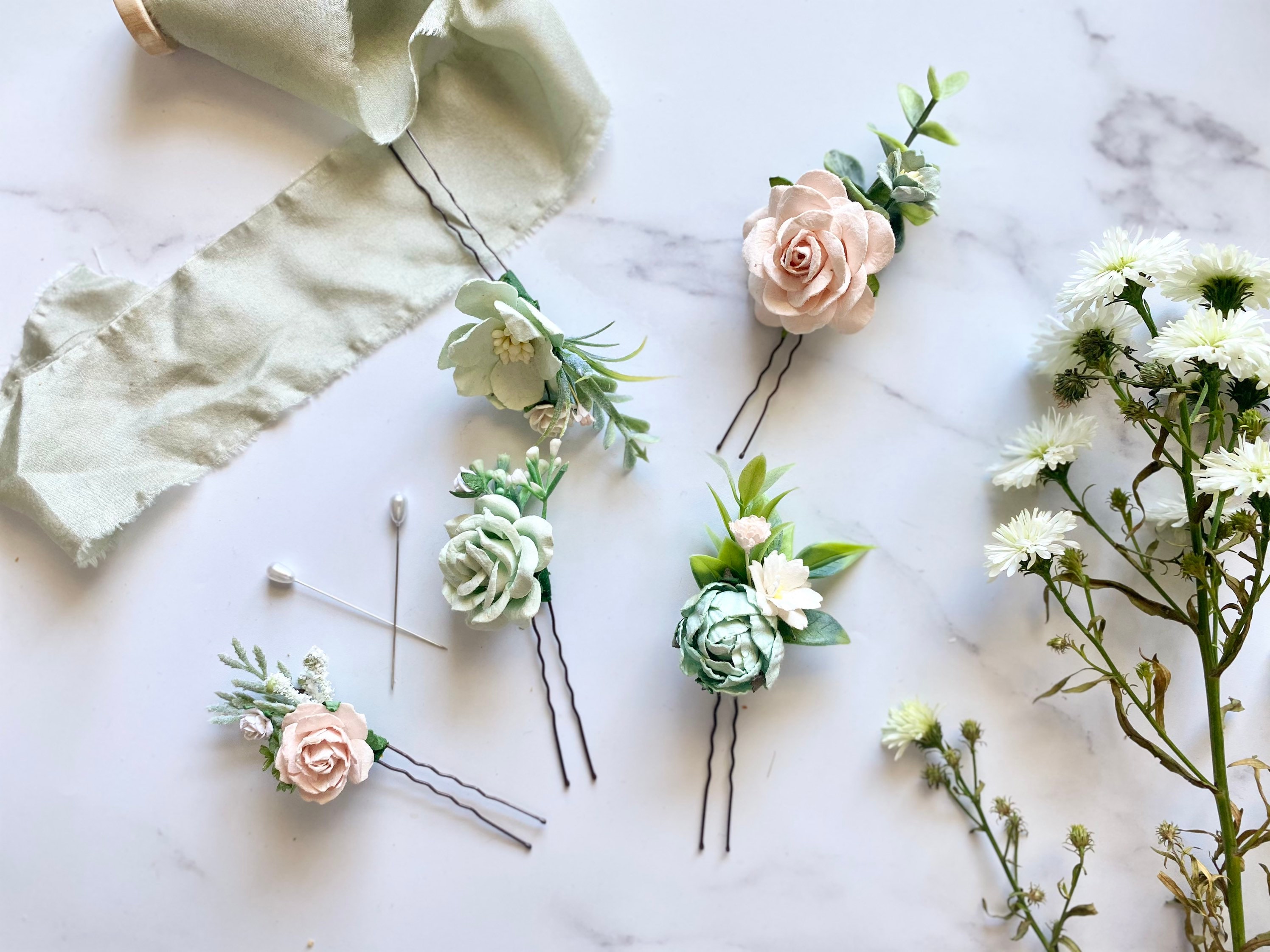 Sage Green and Blush Flower Hair Pins Set of 5 Bridal Hair Etsy