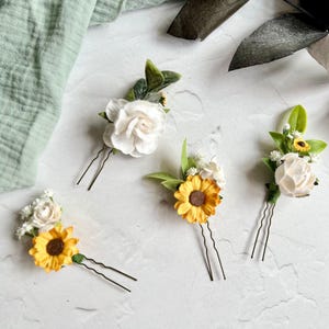 Sunflower and White Rose Floral Hair Pins, Paper Hair PIns, Bridal Hair Accessories