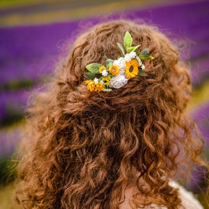 Peigne à fleurs tournesol et rose blanche, morceau de cheveux en papier, peigne à cheveux de mariée