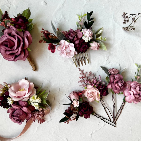 Mauve and Pink Wedding Accessory Set, Grooms Rustic Boutonnières, Flower Wrist Corsage, Mauve Hair Pins, Bridal Hair Comb, Flower Hair Comb