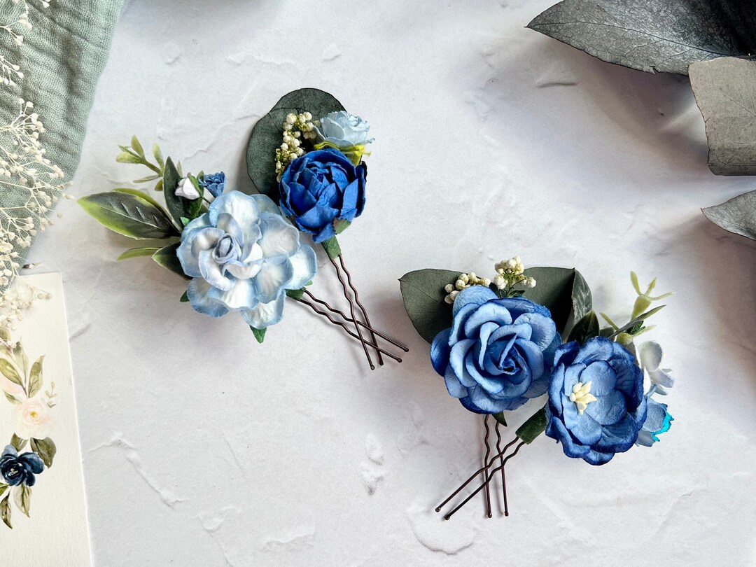 Royal Blue and Dusty Blue Flower Hair Pins, Paper Flower Hair Pins