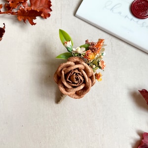 Burnt Orange Floral Boutonniere, Grooms Button Hole, Autumnal Wedding Boutonniere